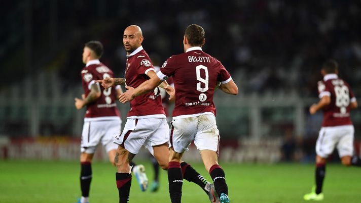 TURIN, ITALY - AUGUST 22: Andrea Belotti (R) of Torino celebrates after scoring the second goal of his team with teammate Simone Zaza during the UEFA Europa League Playoffs 1st Leg match between Torino and Wolverhampton Wanderers at Stadio Olimpico on August 22, 2019 in Turin, Italy. (Photo by Valerio Pennicino/Getty Images) TURIN, ITALY - AUGUST 22: Andrea Belotti (R) of Torino celebrates after scoring the second goal of his team with teammate Simone Zaza during the UEFA Europa League Playoffs 1st Leg match between Torino and Wolverhampton Wanderers at Stadio Olimpico on August 22, 2019 in Turin, Italy. (Photo by Valerio Pennicino/Getty Images)