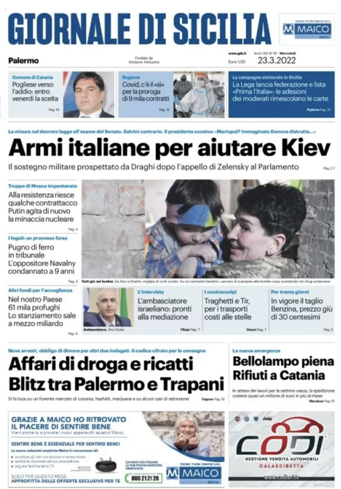 Prima Pagina, Giornale di Sicilia: “Armi italiane per aiutare Kiev. Bellolampo piena” prima pagina