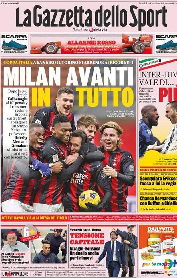 Prima Pagina, La Gazzetta dello Sport: “Milan avanti in tutto, il Torino si arrende ai rigori” Prima Pagina, La Gazzetta dello Sport: “Milan avanti in tutto, il Torino si arrende ai rigori”