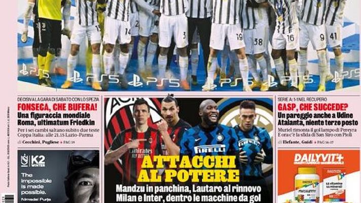 La Gazzetta dello Sport, la prima pagina di oggi, giovedì 21 gennaio 2021 