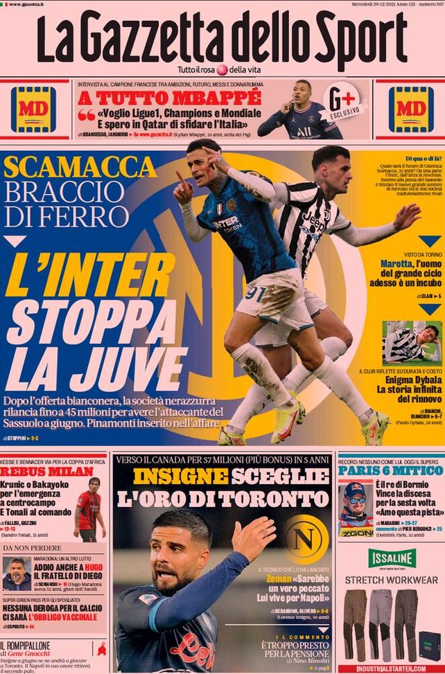 Prima Pagina, La Gazzetta dello Sport: “Scamacca, l’Inter stoppa la Juventus” prima pagina