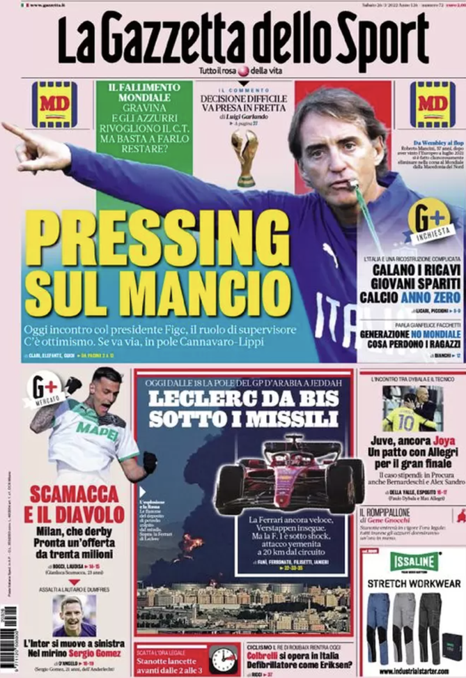 Prima Pagina, La Gazzetta dello Sport: “Pressing sul Mancio. Juventus, ancora Joya” prima pagina