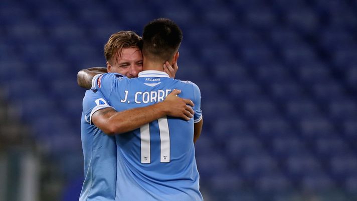 ROME, ITALY - JULY 29:  Ciro Immobile celebrates with his teammate Joaquin Correa of SS Lazio after scoring the team's second goal during the Serie A match between SS Lazio and Brescia Calcio at Stadio Olimpico on July 29, 2020 in Rome, Italy.  (Photo by Paolo Bruno/Getty Images) 