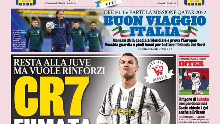 Prima Pagina, La Gazzetta dello Sport: “CR7, fumata bianconera. Resta alla Juve ma vuole rinforzi. Buon viaggio Italia” 