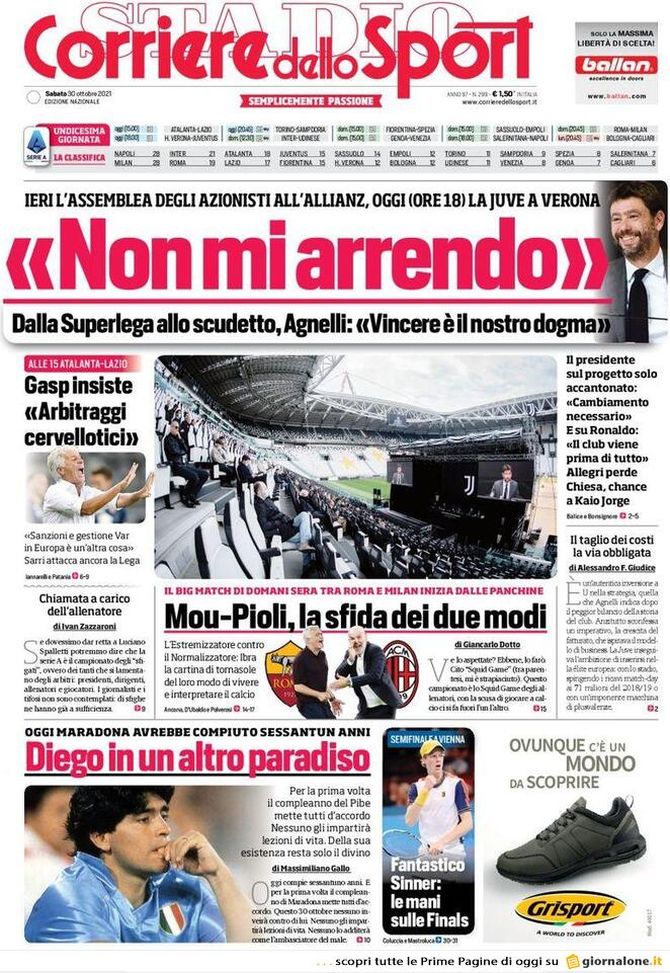 Prima Pagina, Corriere dello Sport: “Non mi arrendo Mou-Pioli, la sfida dei due modi” - immagine 1