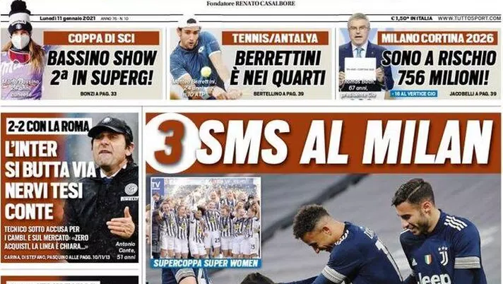 Tuttosport, la prima pagina di oggi, lunedì 11 gennaio 2021