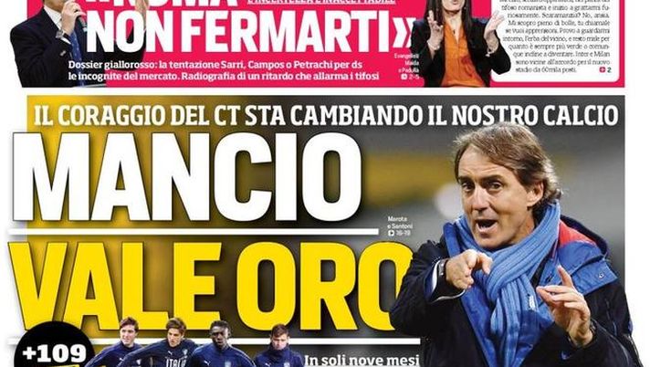 Prima Pagina, Corriere dello Sport: “Mancio vale oro. Roma non fermarti. Conte-Mou, intrigo Inter” Prima Pagina, Corriere dello Sport: “Mancio vale oro. Roma non fermarti. Conte-Mou, intrigo Inter”