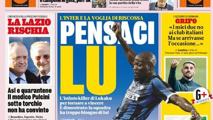 La Gazzetta dello Sport, la prima pagina di oggi, venerdì 13 novembre 2020 