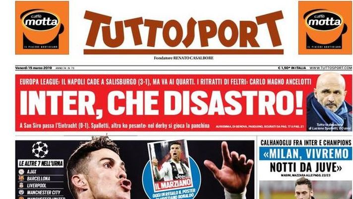 Prima Pagina, Tuttosport: “Giù le mani da Ronaldo. Inter, che disastro! Il Napoli va ai quarti…” 