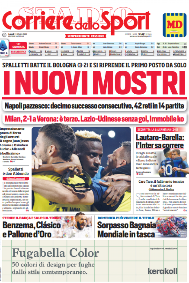 Il Corriere dello Sport, la prima pagina di oggi, lunedì 17 ottobre 2022