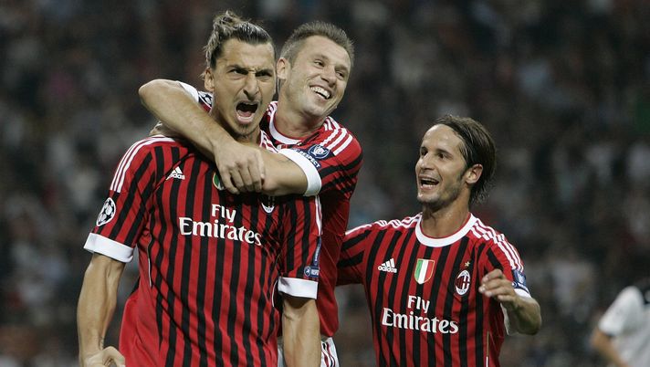 Zlatan Ibrahimovic, Antonio Cassano e Luca Antonini, ex compagni di squadra al Milan (getty images)