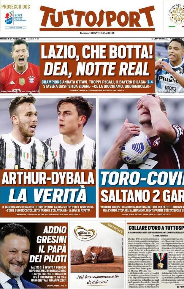 Tuttosport, la prima pagina di oggi, mercoledì 24 febbraio 2021 