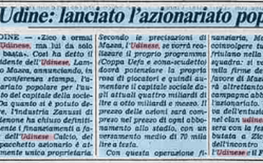 Accadde Oggi 15/6/1983 L’Udinese lancia l’azionariato popolare