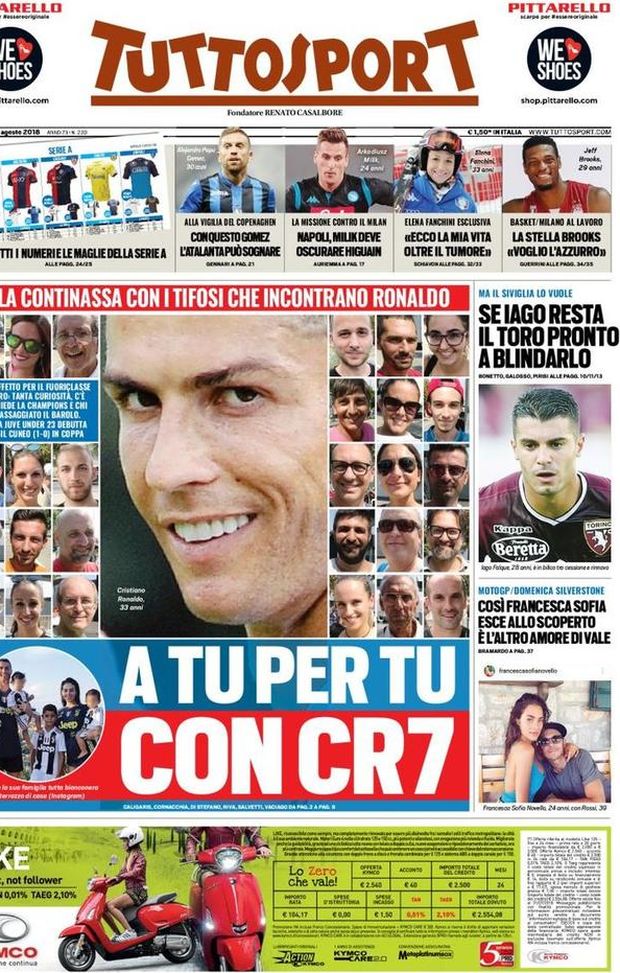 Prima Pagina, Tuttosport: “A tu per tu con CR7. Napoli, Milik deve oscurare Higuain. L’Atalanta sogna con Gomez…” Prima Pagina, Tuttosport: “A tu per tu con CR7. Napoli, Milik deve oscurare Higuain. L’Atalanta sogna con Gomez…”