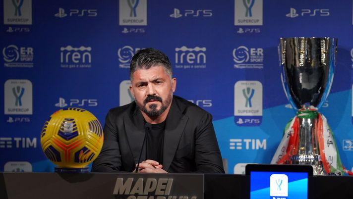 REGGIO NELL'EMILIA, ITALY - JANUARY 19:  Head coach SSC Napoli Gennaro Gattuso speaks with the media during a press conference during an SSC Napoli Press Conference ahead of the Italian PS5 Supercup match between Juventus and SSC Napoli at Mapei Stadium - Citta' del Tricolore on January 19, 2021 in Reggio nell'Emilia, Italy.  (Photo by Claudio Villa/Getty Images) 