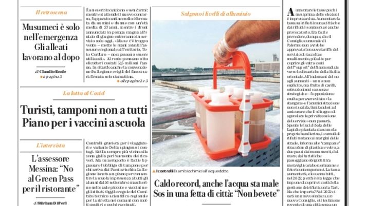 Prima Pagina, La Repubblica-Palermo: “Caldo record, anche l’acqua sta male” Prima Pagina, La Repubblica-Palermo: “Caldo record, anche l’acqua sta male”