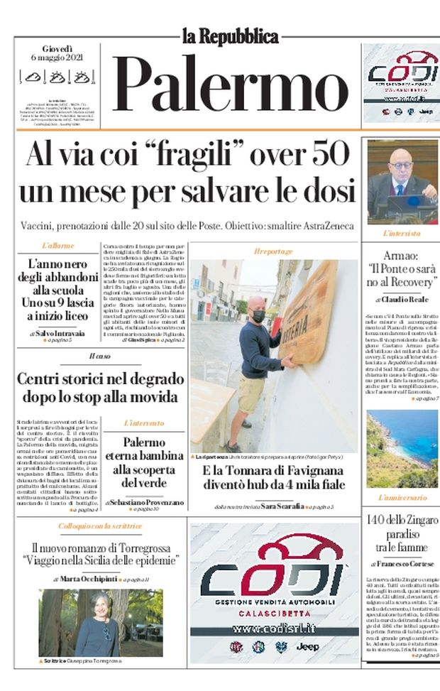 Prima Pagina, La Repubblica-Palermo: “Al via coi fragili over 50. Obiettivo: smaltire AstraZeneca” 
