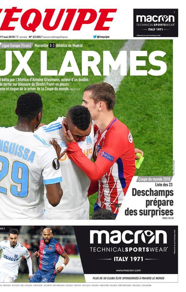Prima Pagina, L’Équipe: “In lacrime: Atletico batte Marsiglia 3-0. Payet infortunato, a rischio il Mondiale. Deschamps…” Prima Pagina, L’Équipe: “In lacrime: Atletico batte Marsiglia 3-0. Payet infortunato, a rischio il Mondiale. Deschamps…”