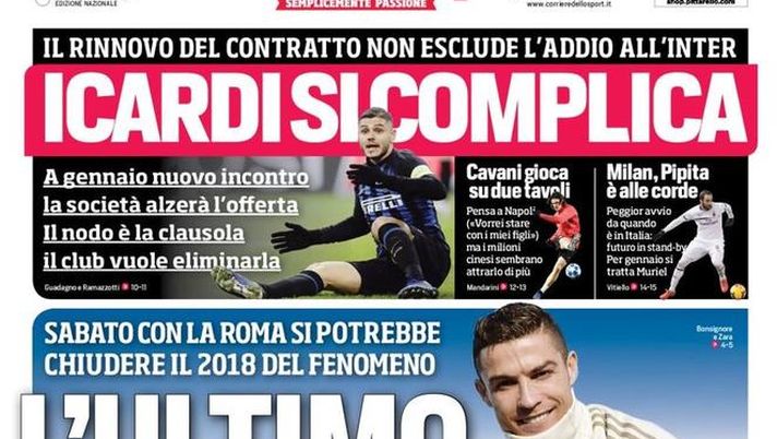 Prima Pagina, Corriere dello Sport: “L’ultimo Ronaldo. Icardi si complica. Milan, Pipita è alla corde…” Prima Pagina, Corriere dello Sport: “L’ultimo Ronaldo. Icardi si complica. Milan, Pipita è alla corde…”
