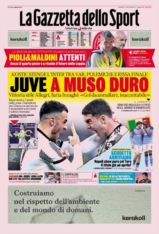 Prima pagina Gazzetta dello Sport 20/03/2023