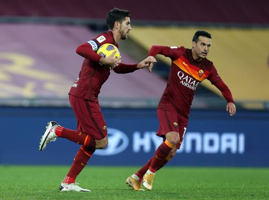 ROME, ITALY - JANUARY 19: Lorenzo Pellegrini of Roma celebrates with team mate Pedro after scoring their sides first goal from the penalty spot during the Coppa Italia match between AS Roma and AC Spezia at Olimpico Stadium on January 19, 2021 in Rome, Italy. Sporting stadiums around Italy remain under strict restrictions due to the Coronavirus Pandemic as Government social distancing laws prohibit fans inside venues resulting in games being played behind closed doors. (Photo by Paolo Bruno/Getty Images) ROME, ITALY - JANUARY 19: Lorenzo Pellegrini of Roma celebrates with team mate Pedro after scoring their sides first goal from the penalty spot during the Coppa Italia match between AS Roma and AC Spezia at Olimpico Stadium on January 19, 2021 in Rome, Italy. Sporting stadiums around Italy remain under strict restrictions due to the Coronavirus Pandemic as Government social distancing laws prohibit fans inside venues resulting in games being played behind closed doors. (Photo by Paolo Bruno/Getty Images)