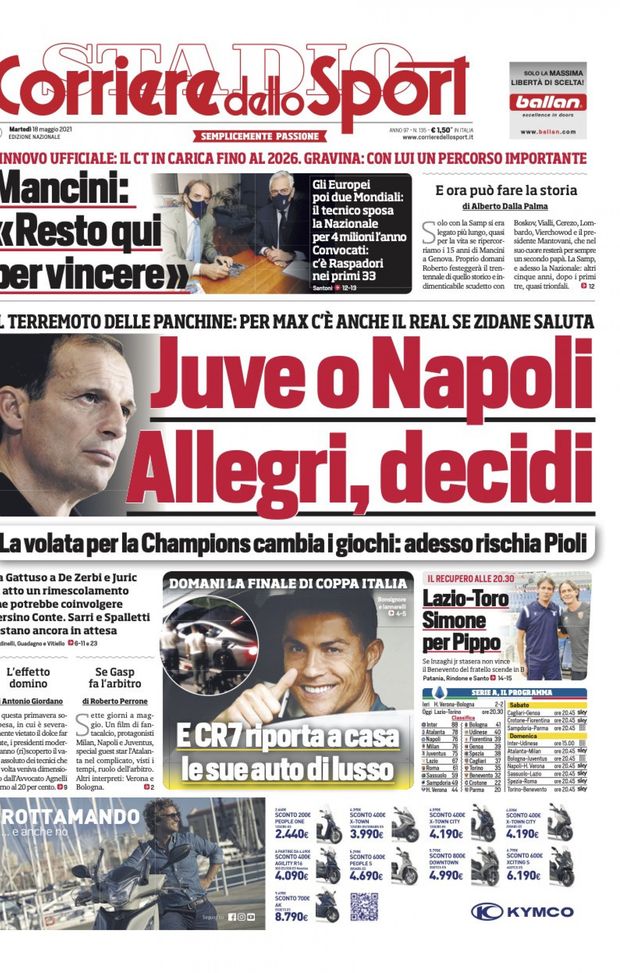 Prima Pagina, Corriere dello Sport: “Juve o Napoli, Allegri decidi. Lazio-Toro, Simone per Pippo” Prima Pagina, Corriere dello Sport: “Juve o Napoli, Allegri decidi. Lazio-Toro, Simone per Pippo”