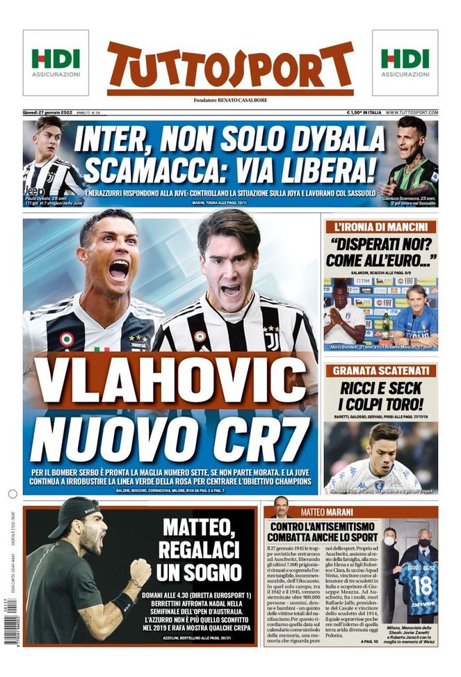 Prima Pagina, Tuttosport: “Vlahovic nuovo CR7. Inter, non solo Dybala. Scamacca…” - immagine 1