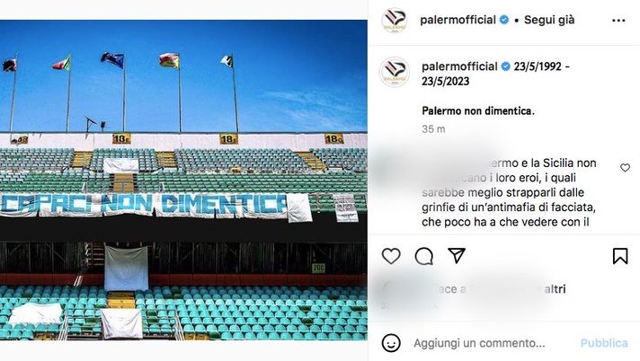 Strage di Capaci, il messaggio del club rosanero: “Palermo non dimentica”  palermo