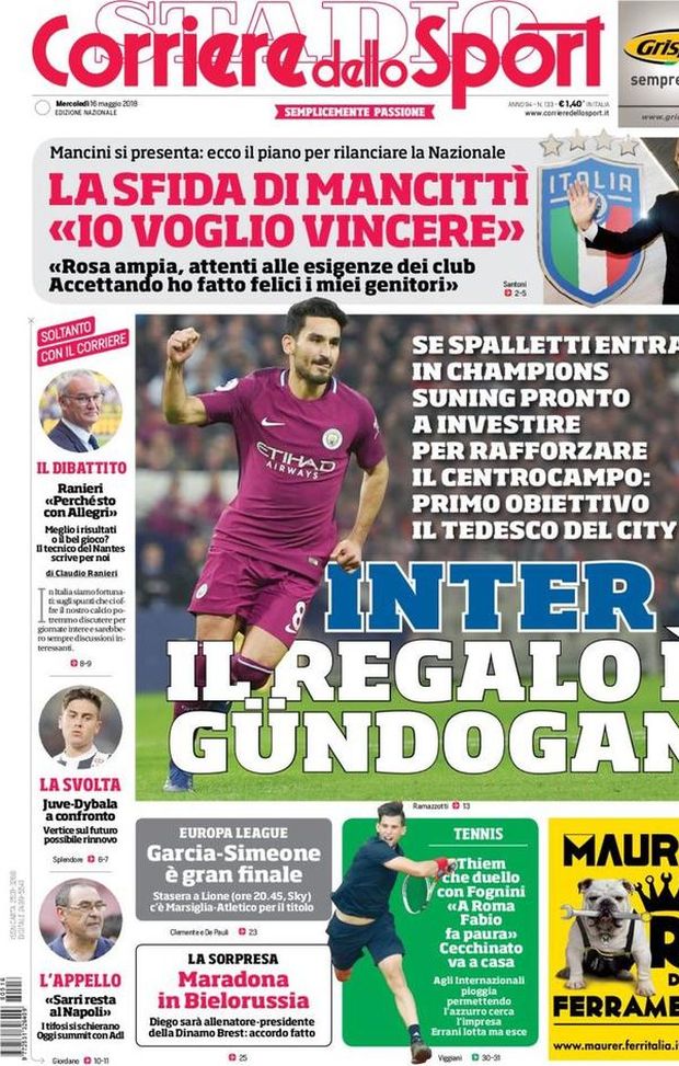 Prima Pagina, Corriere dello Sport: “Inter, il regalo è Gündoğan. La sfida di Mancittì: ‘Voglio vincere’. Juve-Dybala…” Prima Pagina, Corriere dello Sport: “Inter, il regalo è Gündoğan. La sfida di Mancittì: ‘Voglio vincere’. Juve-Dybala…”