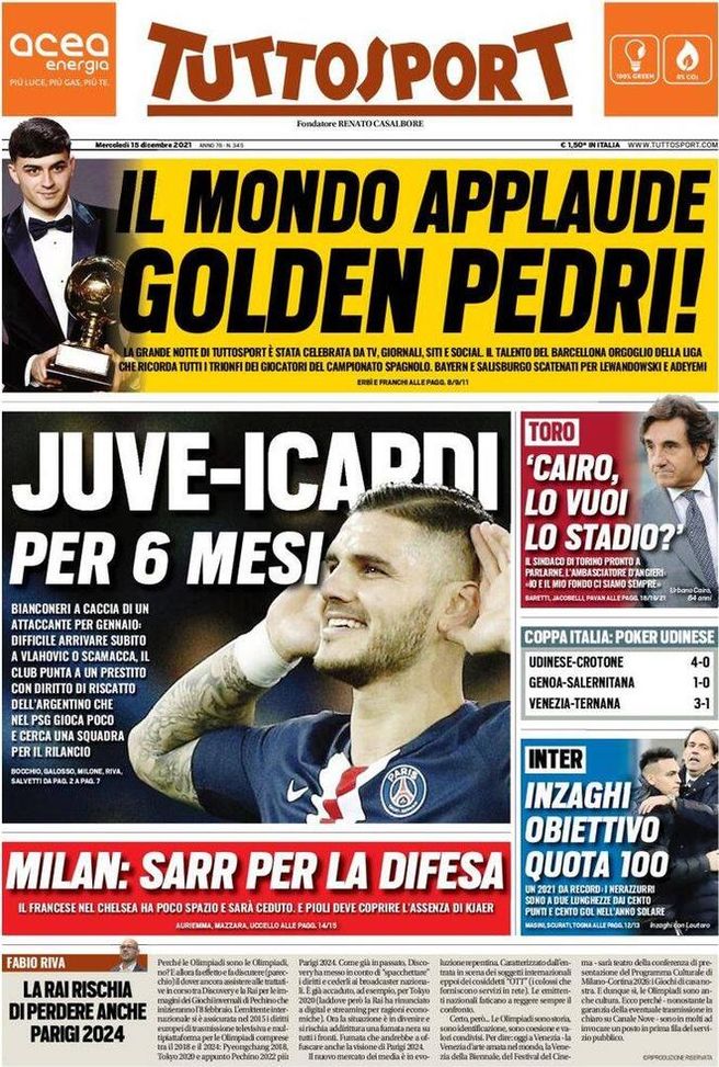 Prima Pagina, Tuttosport: “Golden Pedri! Juve-Icardi per 6 mesi”  Prima Pagina