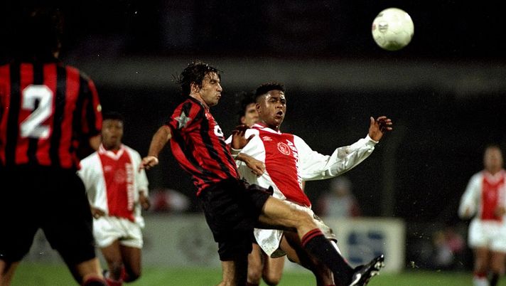 1995: Patrick Kluivert of Aiax is stopped by the Milan defence during the Champions League at the Amsterdam Arena in Amsterdam, Netherlands. Ajax won the game 2-0. Mandatory Credit: Allsport UK /Allsport 1995: Patrick Kluivert of Aiax is stopped by the Milan defence during the Champions League at the Amsterdam Arena in Amsterdam, Netherlands. Ajax won the game 2-0. Mandatory Credit: Allsport UK /Allsport