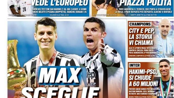 Prima Pagina, Tuttosport: “Max sceglie Morata! City e Pep, la storia vi chiama” Prima Pagina, Tuttosport: “Max sceglie Morata! City e Pep, la storia vi chiama”