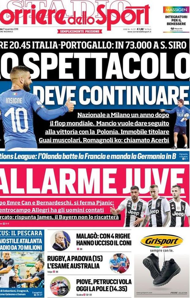 Prima Pagina, Corriere dello Sport: “Lo spettacolo deve continuare. Allarme Juve. Con 4 righe hanno ucciso il Coni…” Prima Pagina, Corriere dello Sport: “Lo spettacolo deve continuare. Allarme Juve. Con 4 righe hanno ucciso il Coni…”