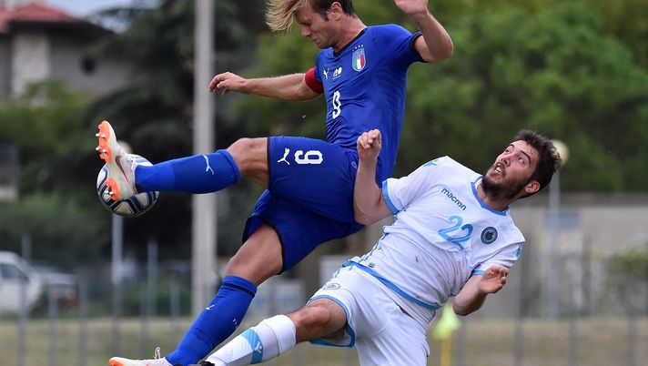 MISANO ADRIATICO, ITALY - AUGUST 08: Luca Tosi of San Marino U20 and Gabriele Gori of Italy U20 in action during the International Friendly match between Italy U20 and San Marino U20 on August 8, 2018 in Misano Adriatico, Italy. (Photo by Giuseppe Bellini/Getty Images) MISANO ADRIATICO, ITALY - AUGUST 08: Luca Tosi of San Marino U20 and Gabriele Gori of Italy U20 in action during the International Friendly match between Italy U20 and San Marino U20 on August 8, 2018 in Misano Adriatico, Italy. (Photo by Giuseppe Bellini/Getty Images)
