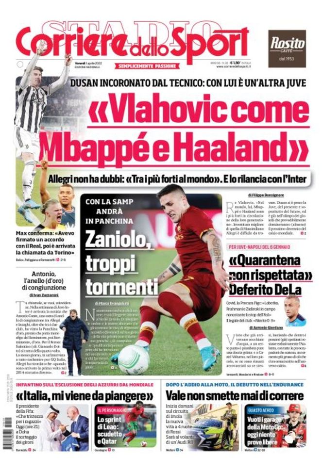 Prima Pagina, Corriere dello Sport: “Vlahovic come Mbappé e Haaland” - immagine 1