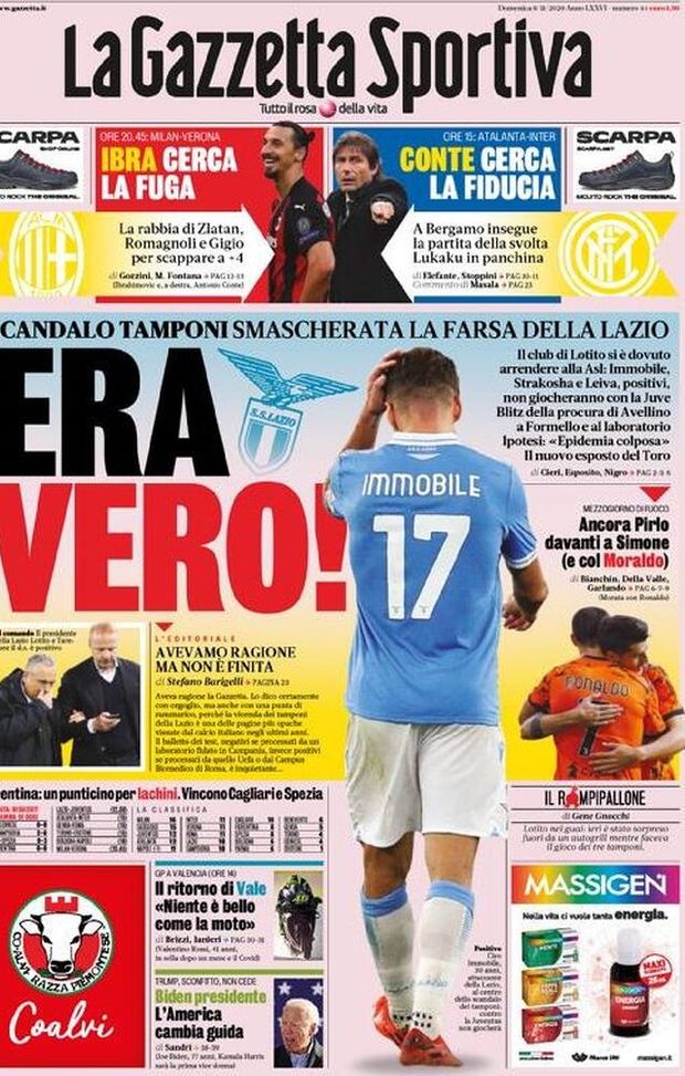  La Prima pagine de 'La Gazzetta dello Sport', in edicola oggi 8 novembre 2020 