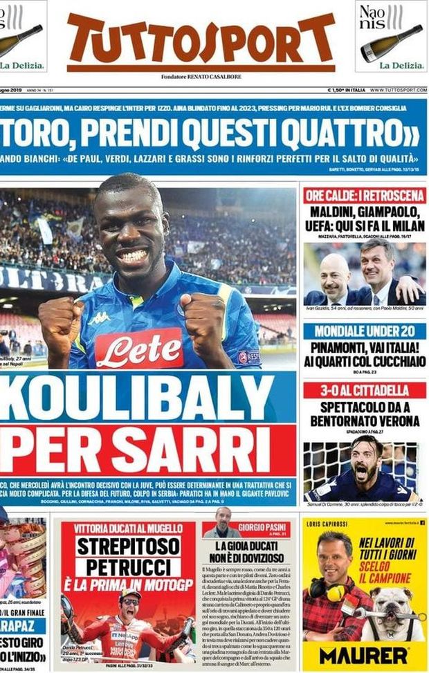 Prima Pagina, Tuttosport: “Koulibaly per Sarri. Qui si fa il Milan. Pinamonti, vai Italia!” Prima Pagina, Tuttosport: “Koulibaly per Sarri. Qui si fa il Milan. Pinamonti, vai Italia!”