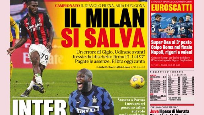 Prima Pagina, La Gazzetta dello Sport: “Il Milan si salva. Inter, ci 6? Super Dea al 3° posto” 
