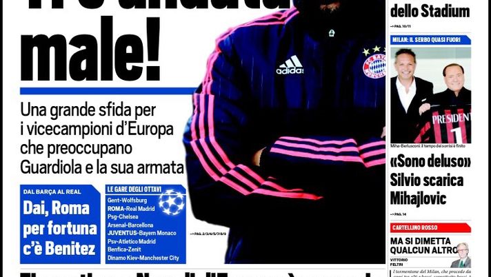 Prima Pagina, Tuttosport: “Bayern, ti è andata male con la Juventus! Milan, Mihajlovic è quasi fuori. Travolto il Trapani, spettacolo Novara” Prima Pagina, Tuttosport: “Bayern, ti è andata male con la Juventus! Milan, Mihajlovic è quasi fuori. Travolto il Trapani, spettacolo Novara”