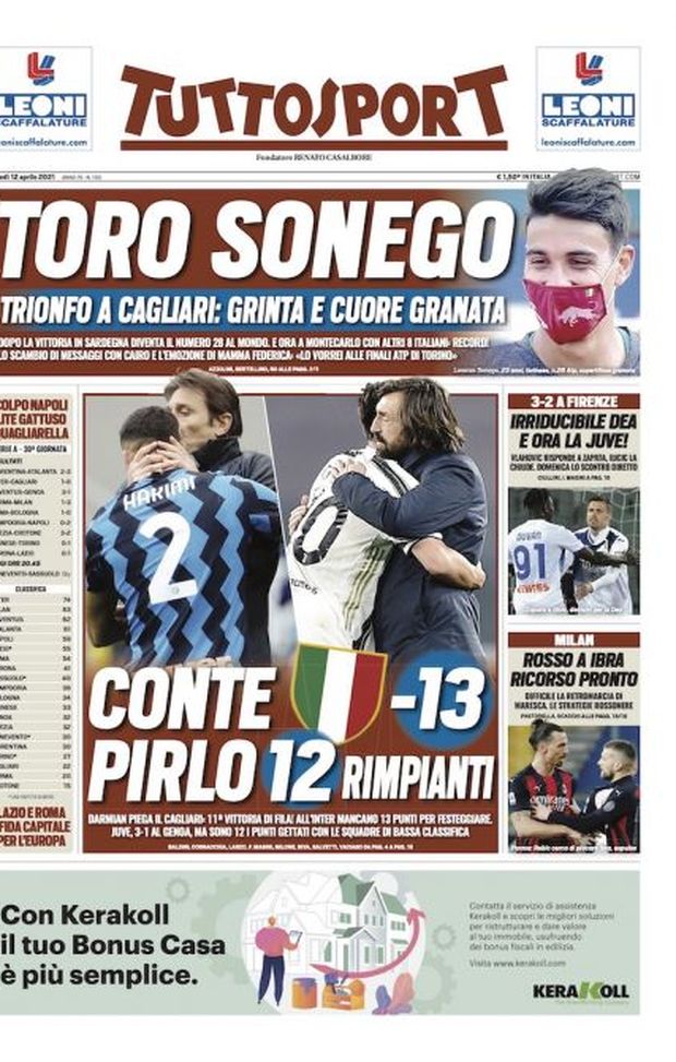 Prima Pagina, Tuttosport: “Conte -13, Pirlo 12 rimpianti. Irriducibile Dea e ora la Juve” 
