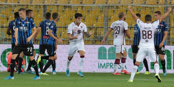 PARMA, ITALY - SEPTEMBER 01: Kevin Bonifazi (C) of Torino FC celebrates after scoring the opening goal during the Serie A match between Atalanta BC and Torino FC at Stadio Ennio Tardini on September 1, 2019 in Parma, Italy. (Photo by Emilio Andreoli/Getty Images) PARMA, ITALY - SEPTEMBER 01: Kevin Bonifazi (C) of Torino FC celebrates after scoring the opening goal during the Serie A match between Atalanta BC and Torino FC at Stadio Ennio Tardini on September 1, 2019 in Parma, Italy. (Photo by Emilio Andreoli/Getty Images)