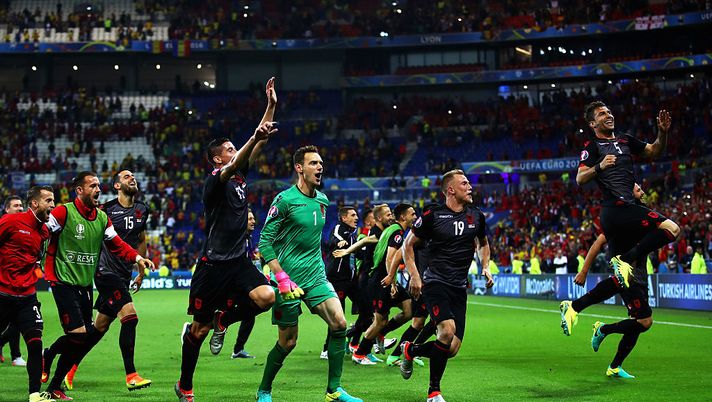 LYON, FRANCE - JUNE 19:  Albania players celerbate their 1-0 win in the UEFA EURO 2016 Group A match between Romania and Albania at Stade des Lumieres on June 19, 2016 in Lyon, France.  (Photo by Clive Brunskill/Getty Images) 