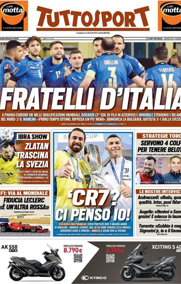 Prima Pagina, Tuttosport: “Fratelli d’Italia. Berardi e Immobile stendono l’Irlanda del Nord” Prima Pagina, Tuttosport: “Fratelli d’Italia. Berardi e Immobile stendono l’Irlanda del Nord”
