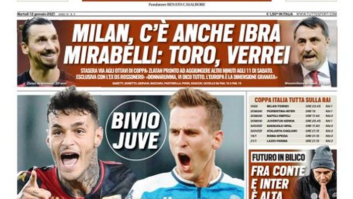 Prima Pagina, Tuttosport: “Bivio Juve, Scamacca o Milik. Fra Conte e Inter è alta tensione” Prima Pagina, Tuttosport: “Bivio Juve, Scamacca o Milik. Fra Conte e Inter è alta tensione”