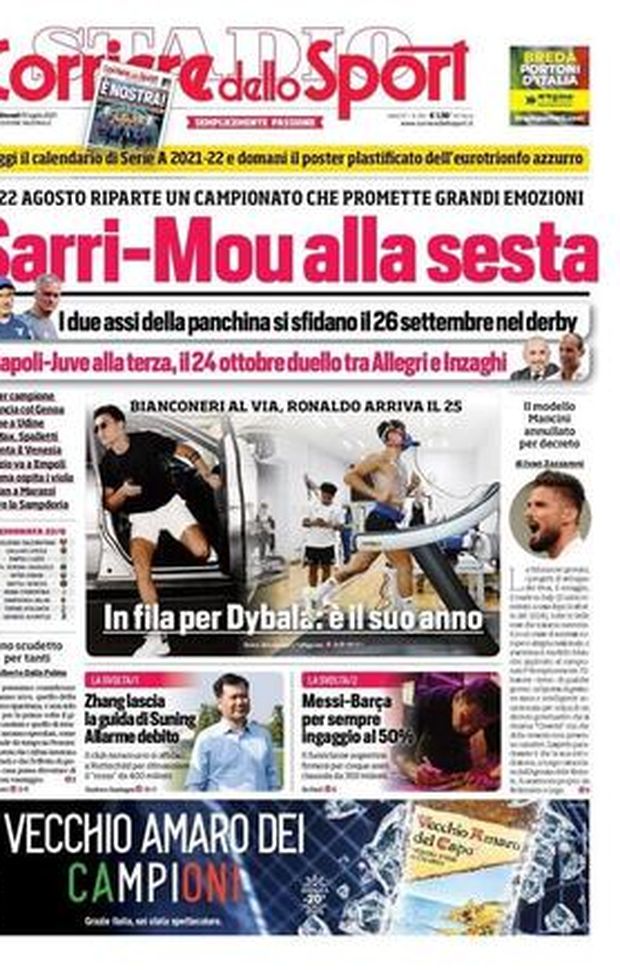 Prima Pagina, Corriere dello Sport: “Sarri-Mou alla sesta. L’anno di Dybala” 