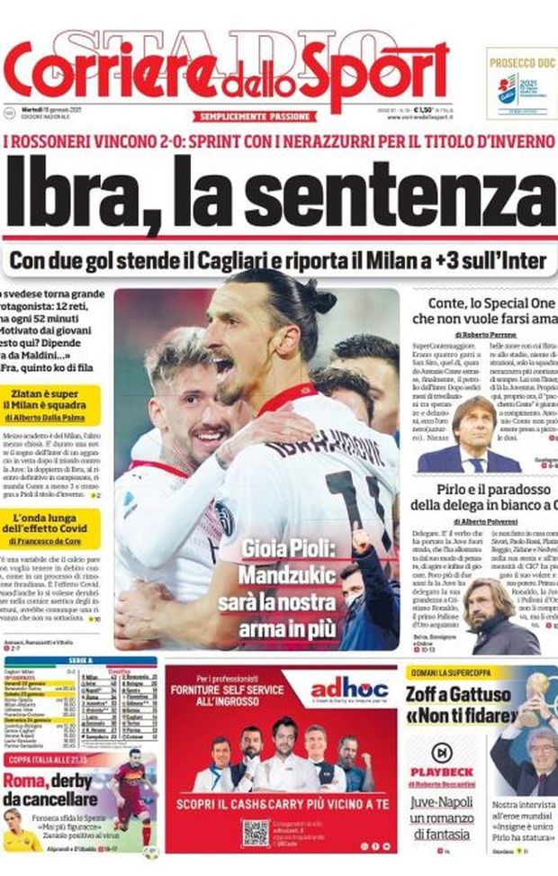 Prima Pagina, Corriere dello Sport: “Ibra, la sentenza. Pirlo e il paradosso della delega in bianco a CR7” 