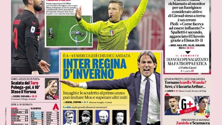 Prima Pagina, La Gazzetta dello Sport: “Così non Var. Inter regina d’inverno” Prima Pagina, La Gazzetta dello Sport: “Così non Var. Inter regina d’inverno” - immagine 1