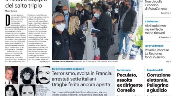 Prima Pagina, Giornale di Sicilia: &#8220;Arancione con vista sul giallo. Non decolla il vaccino di AstraZeneca. Corruzione elettorale, Pellegrino a giudizio&#8221; 