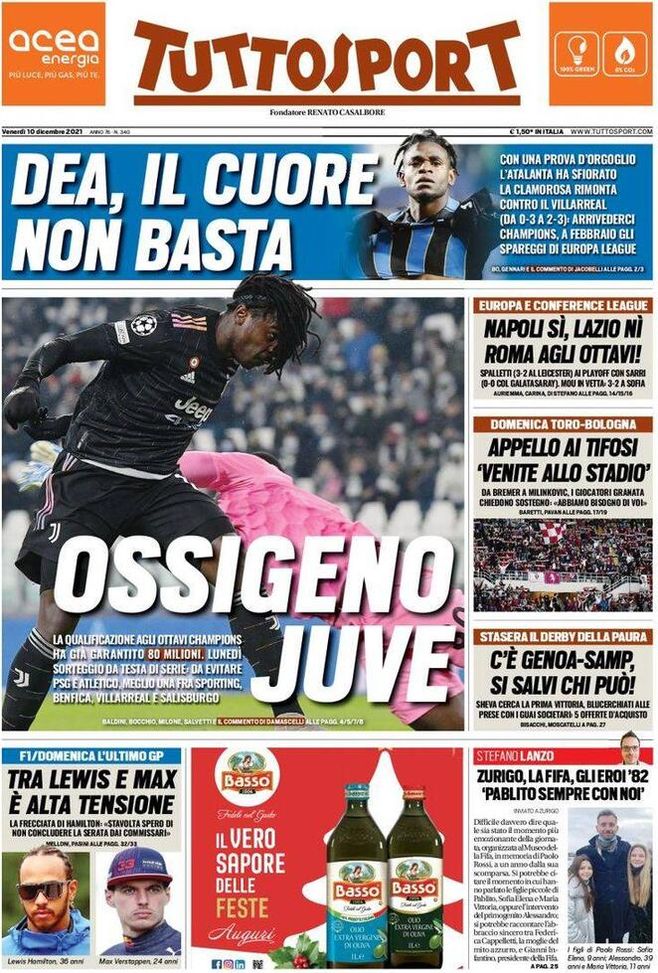 Prima Pagina, Tuttosport: “Dea, il cuore non basta. Roma agli ottavi” Prima Pagina