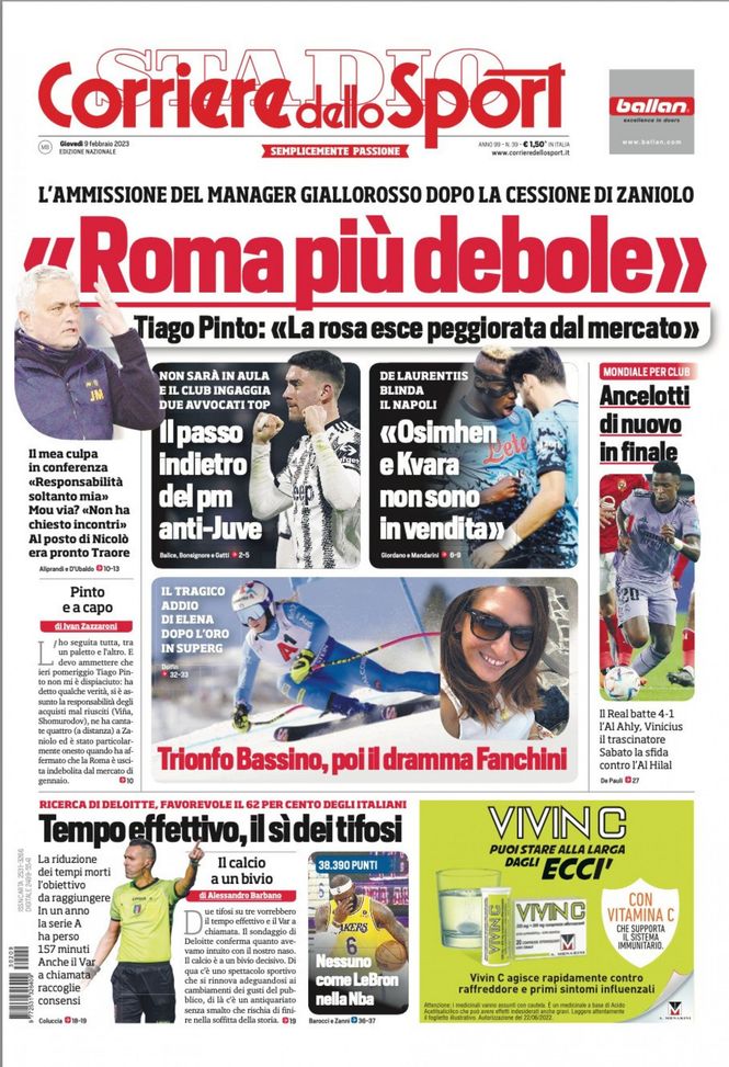 EDICOLA CDS – L’ammissione di Tiago Pinto: “Roma più debole dopo il mercato” EDICOLA CDS – L’ammissione di Tiago Pinto: “Roma più debole dopo il mercato” - immagine 1